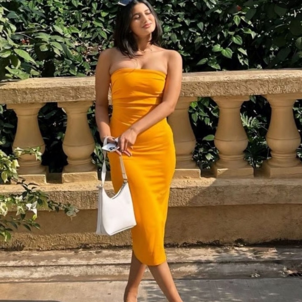 Zara Blogger Fave  Strapless Orange Midi Dress NWT - Picture 2 of 7